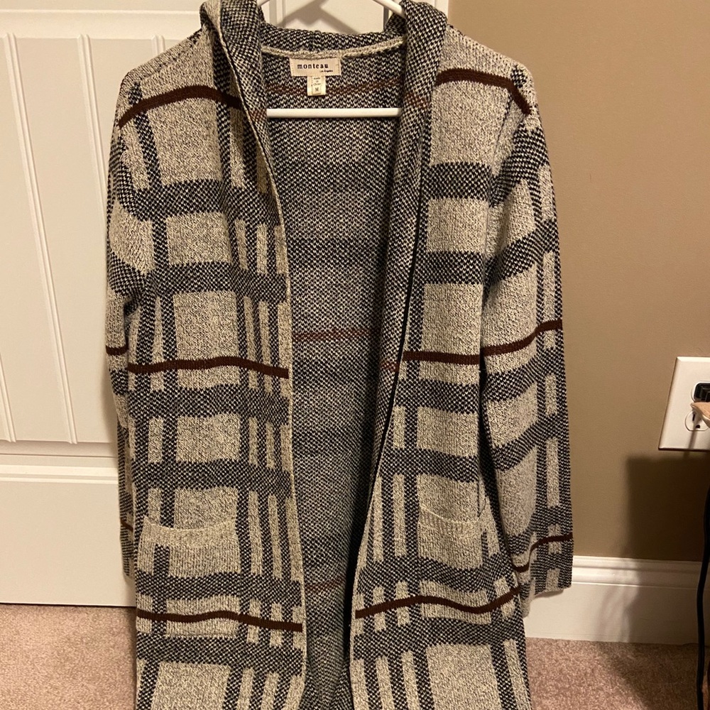 Plaid cardigan with a hood size medium